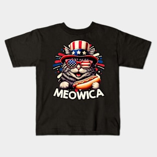 Meowica 4th of July Patriotic Cat American Flag 4th of July Kids T-Shirt